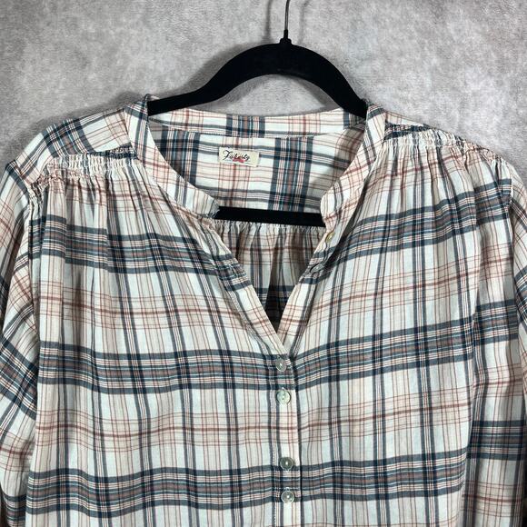 Faherty Top Womens Cream Gray Plaid Button Front Long Sleeves V-Neck Casual‎ - Picture 2 of 9